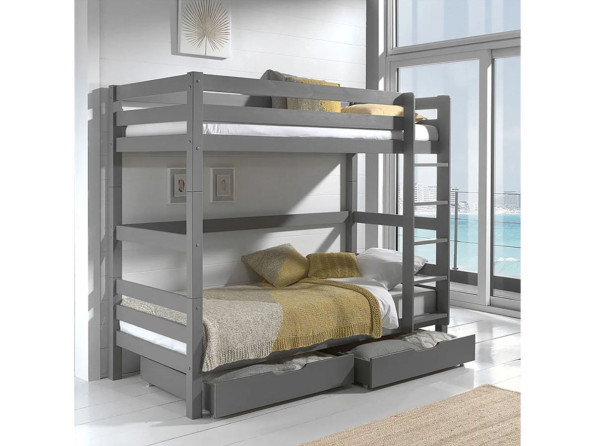 SLEEPY - Lit Superposé H180 Laqué Gris 90x200cm avec 2 Tiroirs