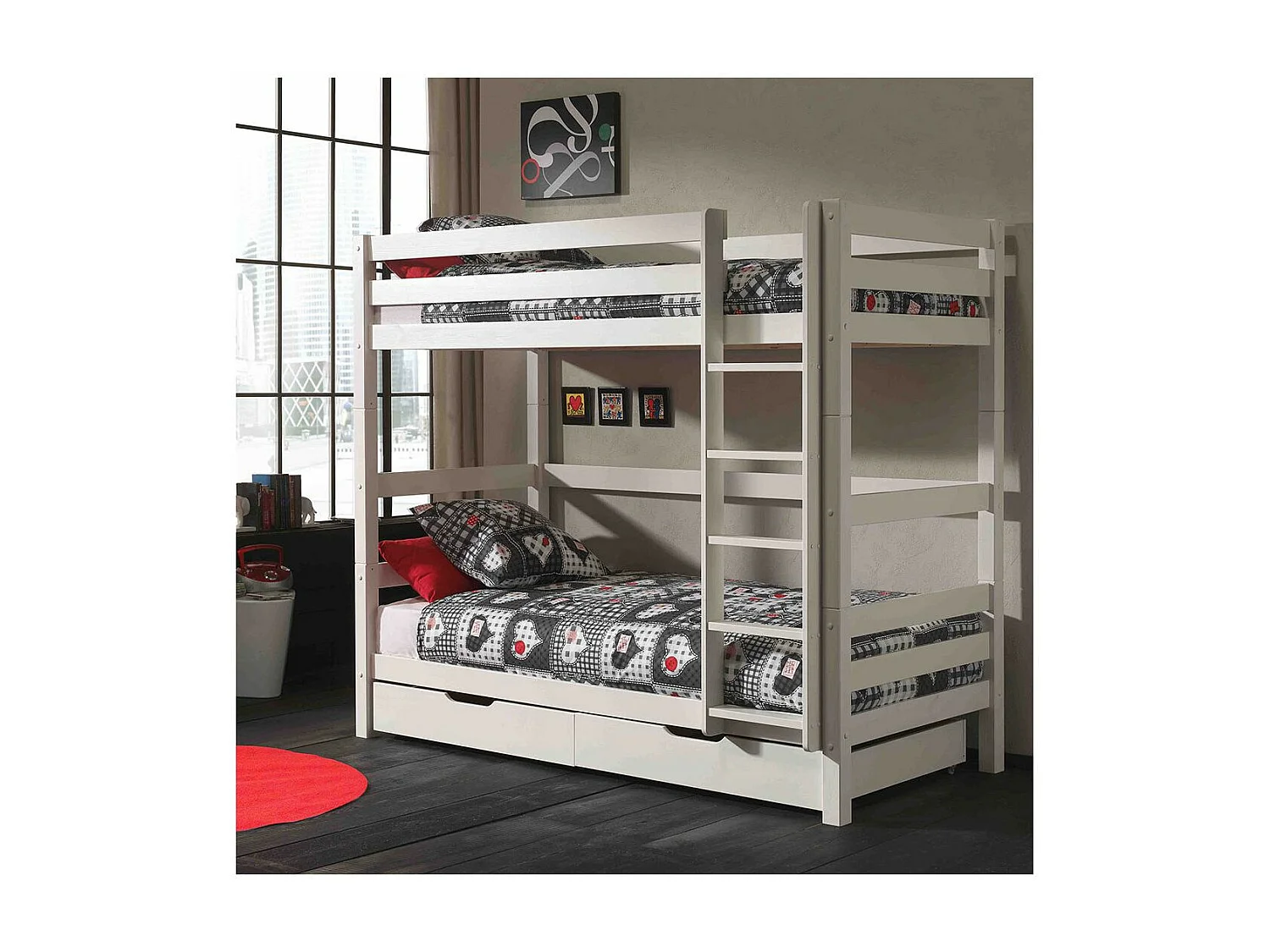 SLEEPY - Lit Superposé H180 Laqué Blanc 90x200cm avec 2 Tiroirs