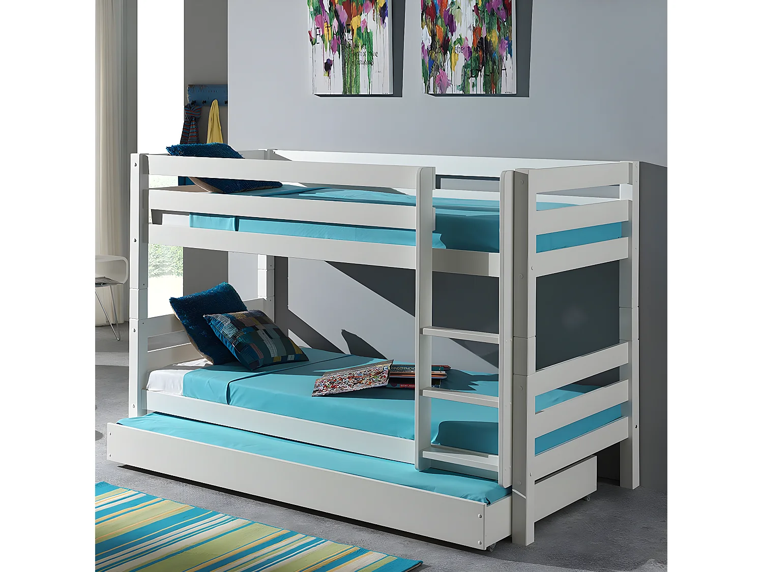 SLEEPY - Lit Superposé H140 Laqué Blanc 90x200cm avec Lit-Tiroir