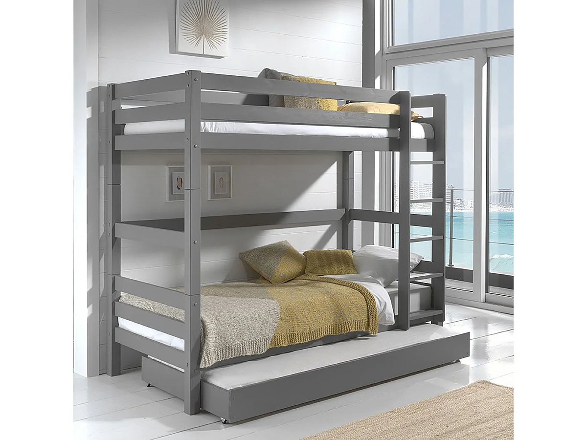 SLEEPY - Lit Superposé H180  Laqué Gris 90x200cm avec Lit-Tiroir