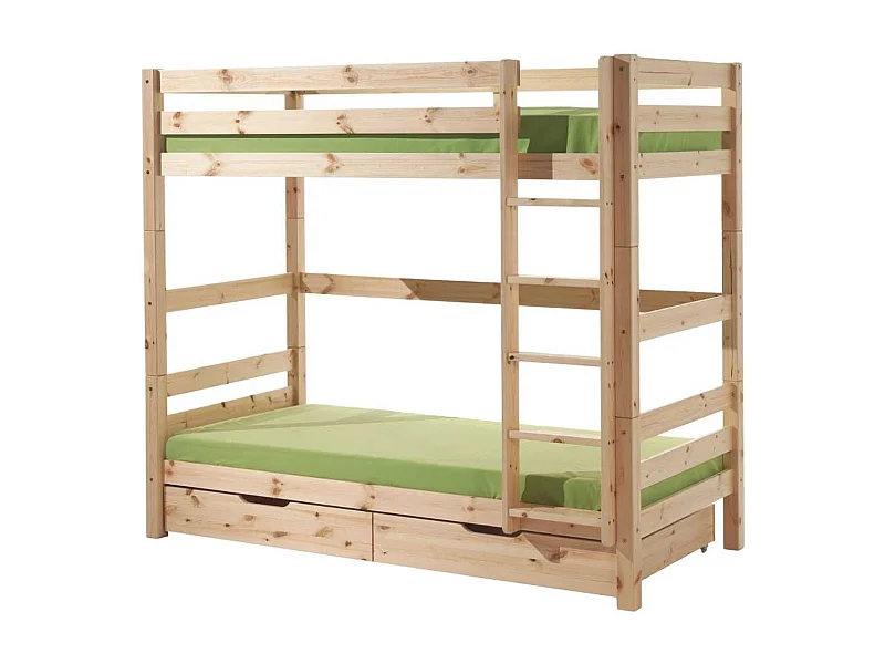 SLEEPY - Lit Superposé H180 en Pin Naturel 90x200cm avec 2 Tiroirs