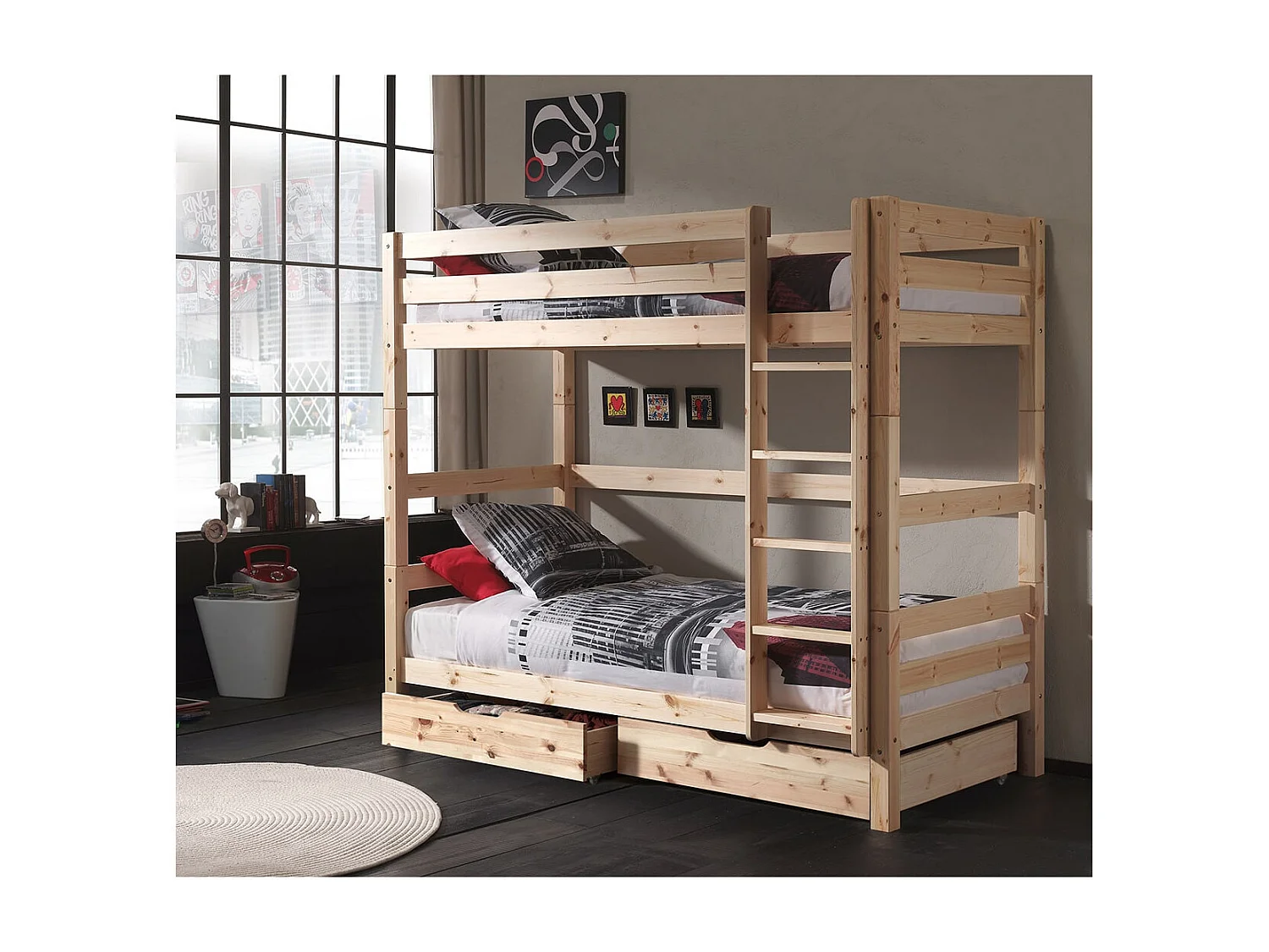 SLEEPY - Lit Superposé H180 en Pin Naturel 90x200cm avec 2 Tiroirs