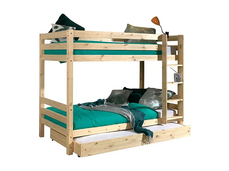 SLEEPY - Lit Superposé H160 en Pin Naturel 90x200cm avec Lit-Tiroir