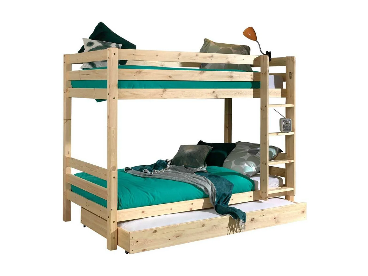 SLEEPY - Lit Superposé H160 en Pin Naturel 90x200cm avec Lit-Tiroir