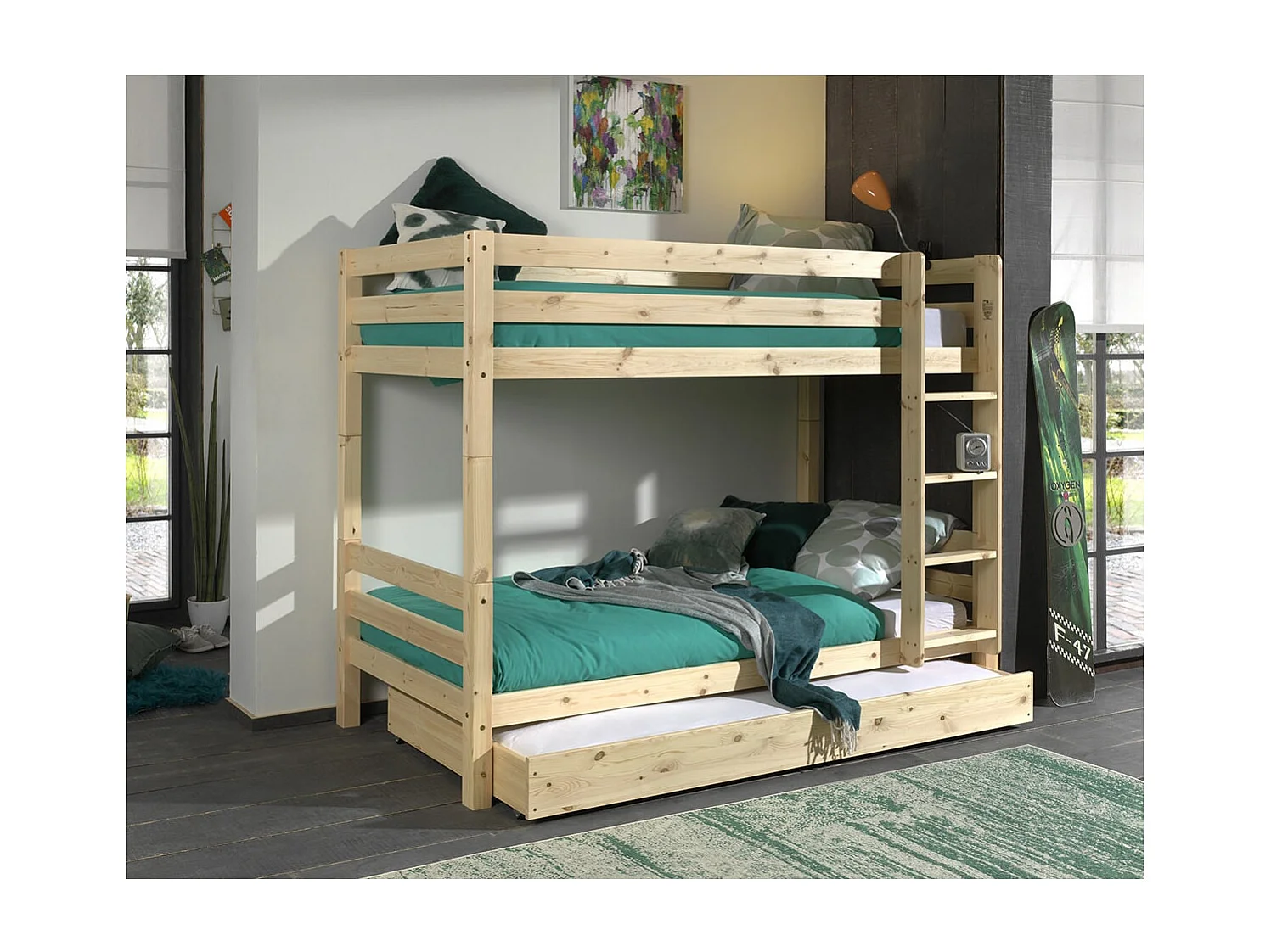 SLEEPY - Lit Superposé H160 en Pin Naturel 90x200cm avec Lit-Tiroir