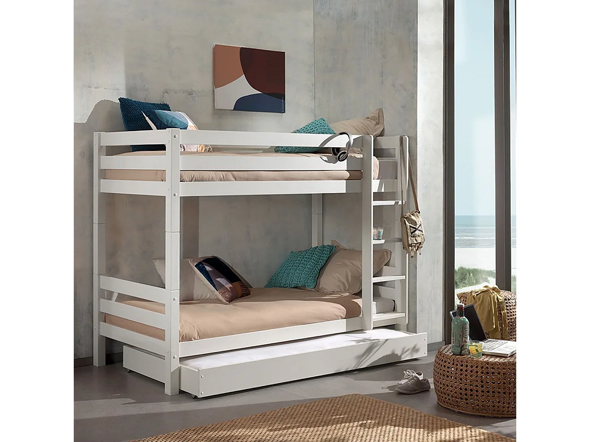 SLEEPY - Lit Superposé H160 Laqué Blanc 90x200cm avec Lit-Tiroir