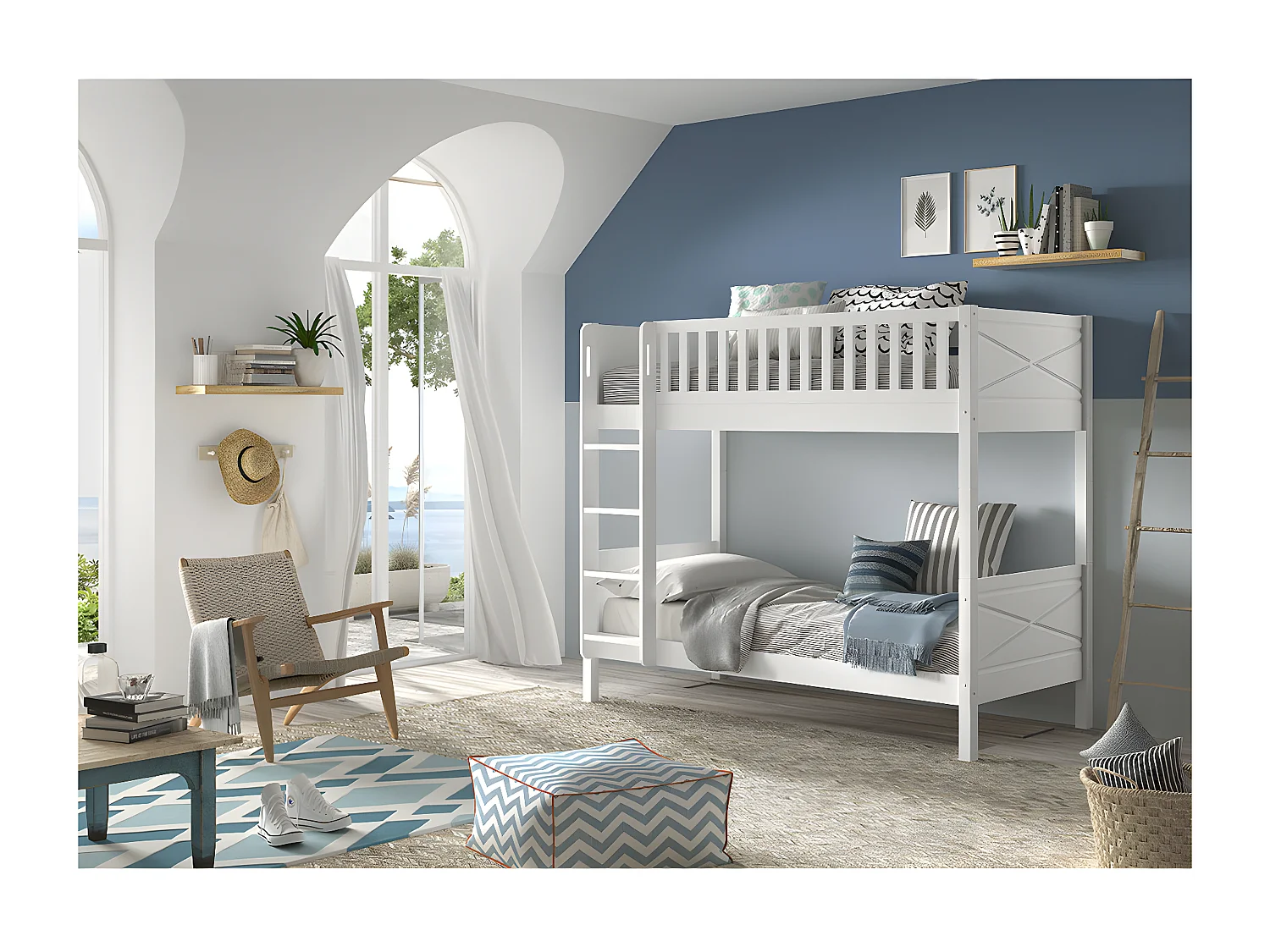 VIVIEN - Lit Superposé en Pin Laqué Blanc 90x200cm