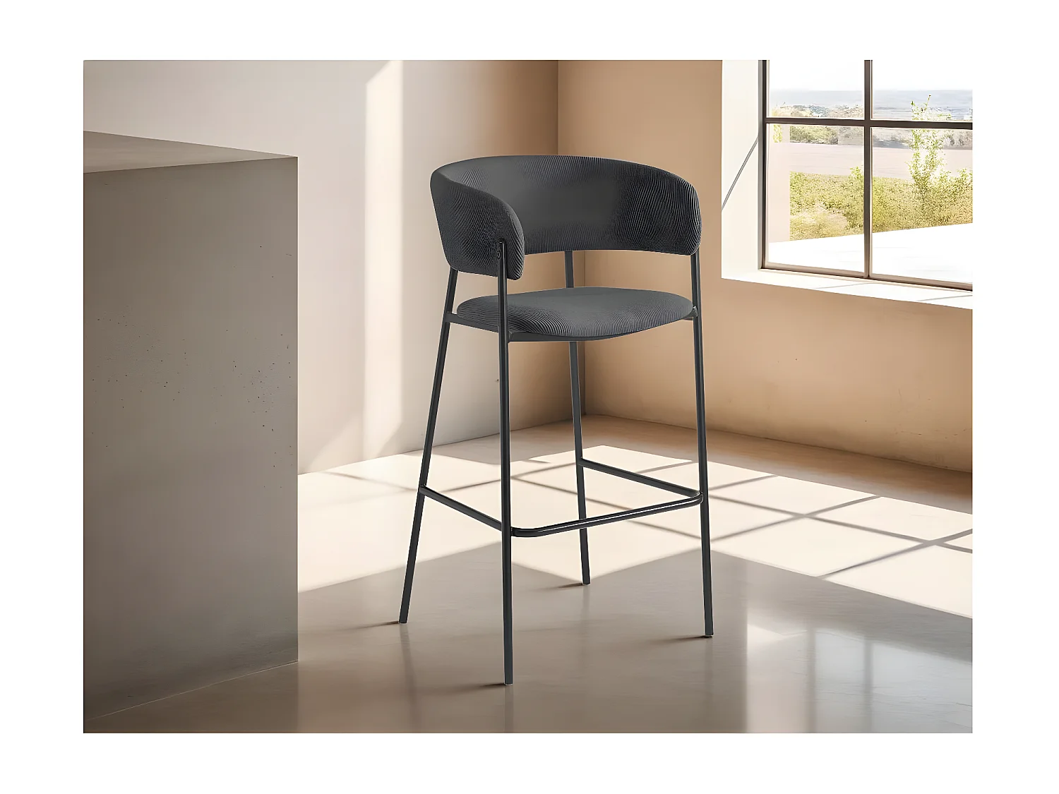 Lot de 2 tabourets de bar BOLD en velours côtelé avec pieds noirs - Gris anthracite