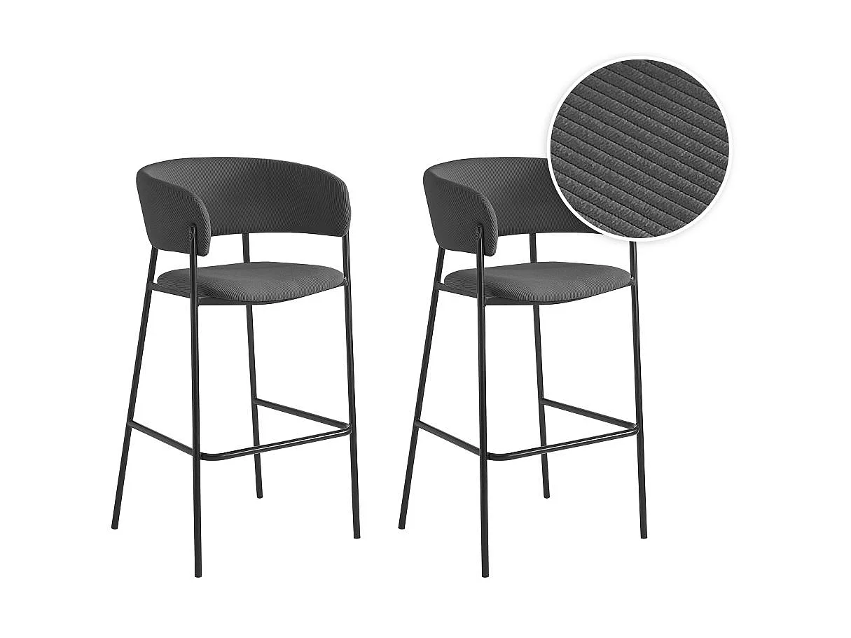 Lot de 2 tabourets de bar BOLD en velours côtelé avec pieds noirs - Gris anthracite
