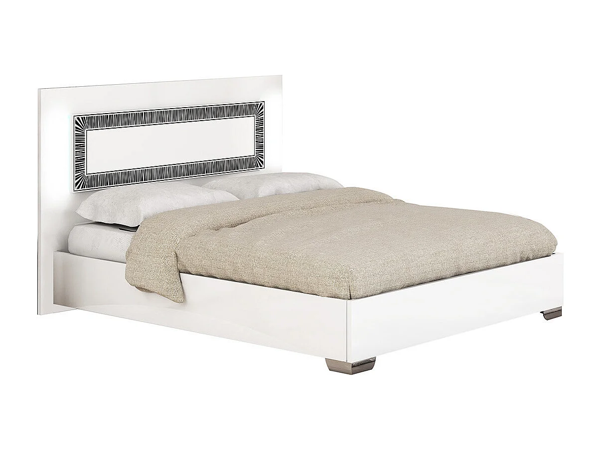 GAÏA - Lit 140x190 cm Laqué Blanc avec Décor Noir sur la Tête de Lit