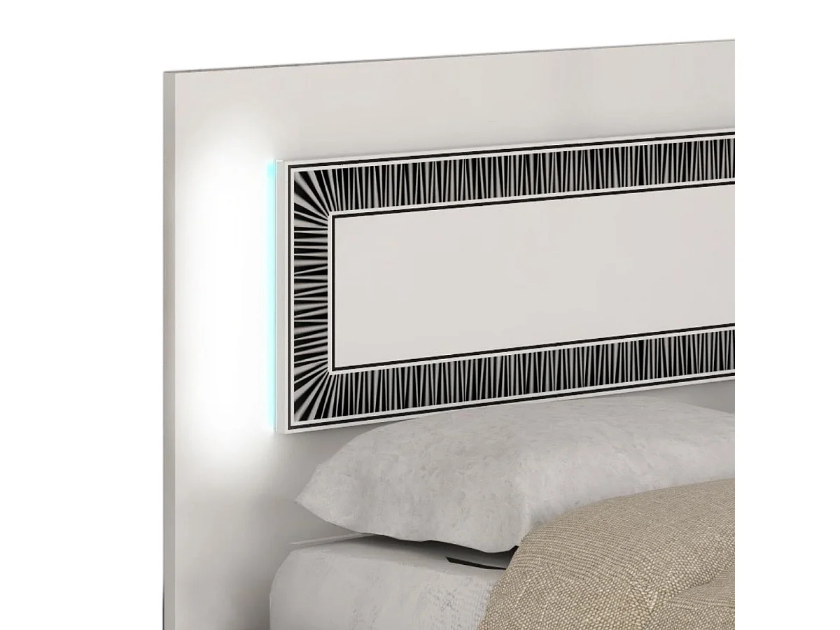 GAÏA - Lit 140x190 cm Laqué Blanc avec Décor Noir sur la Tête de Lit