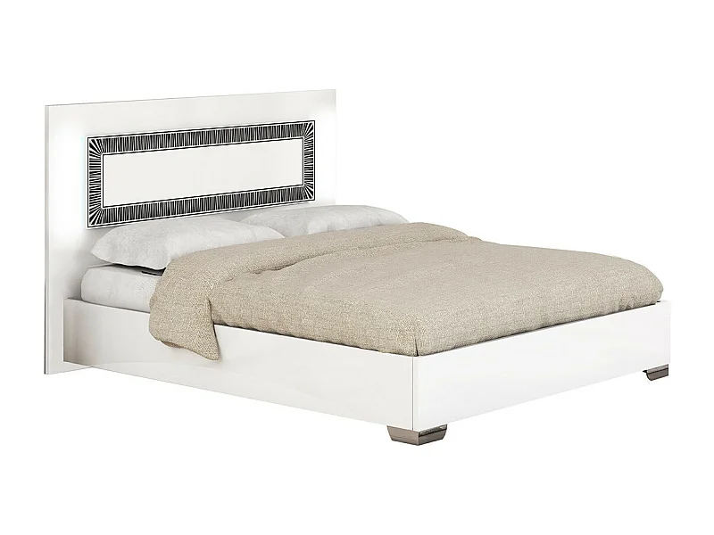 GAÏA - Lit 160x200 cm Laqué Blanc avec Décor Noir sur la Tête de Lit