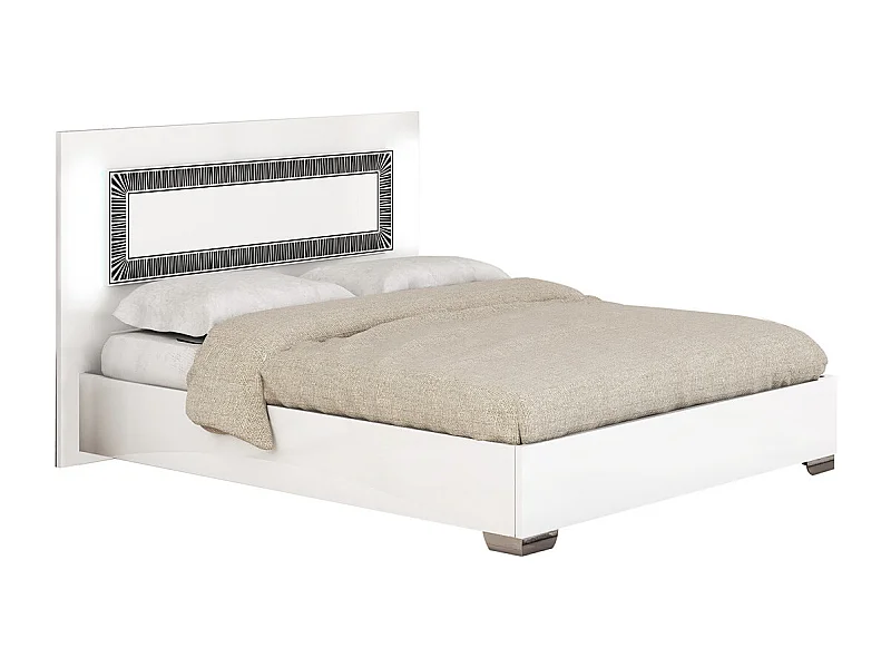 GAÏA - Lit 160x200 cm Laqué Blanc avec Décor Noir sur la Tête de Lit