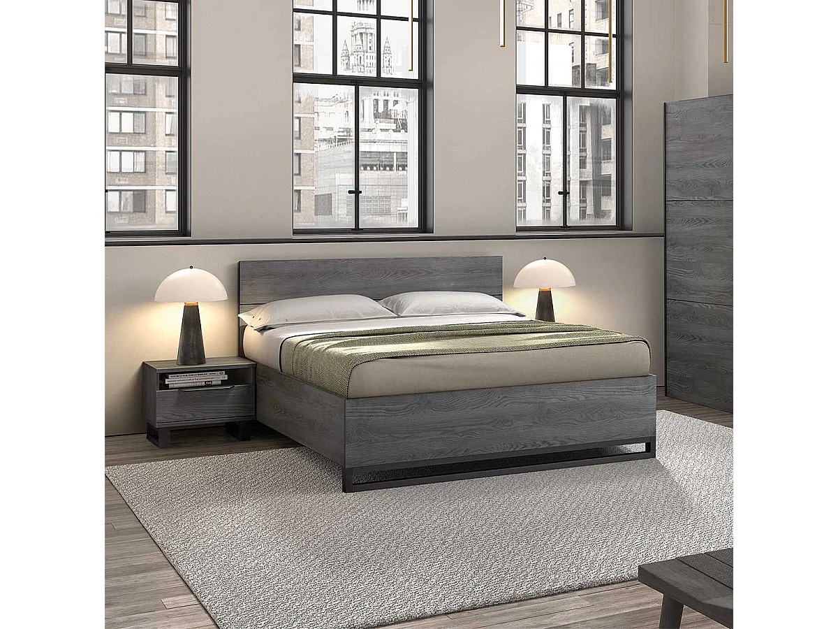 CARLIN - Lit 160x200 Aspect Bois Gris et Piètement Avant en Métal Noir