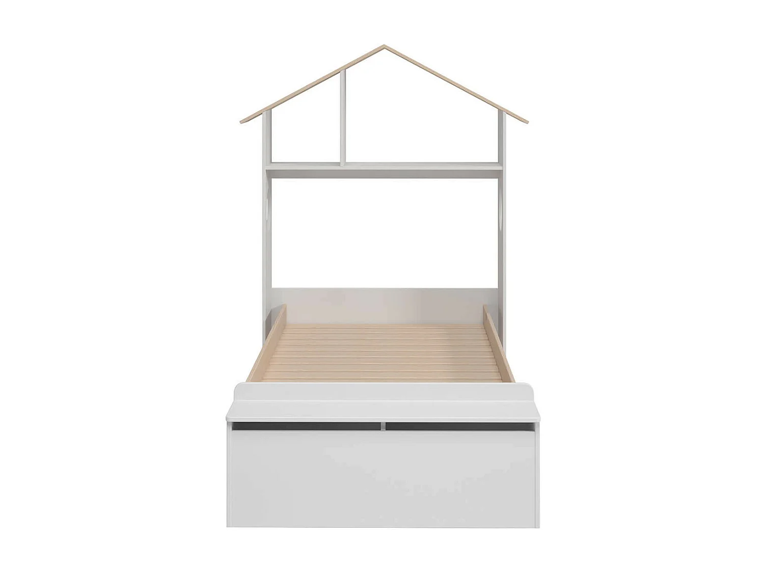 SKILA - Lit 90x190cm Tête de Lit Cabane et Banc-Coffre Blanc et Naturel