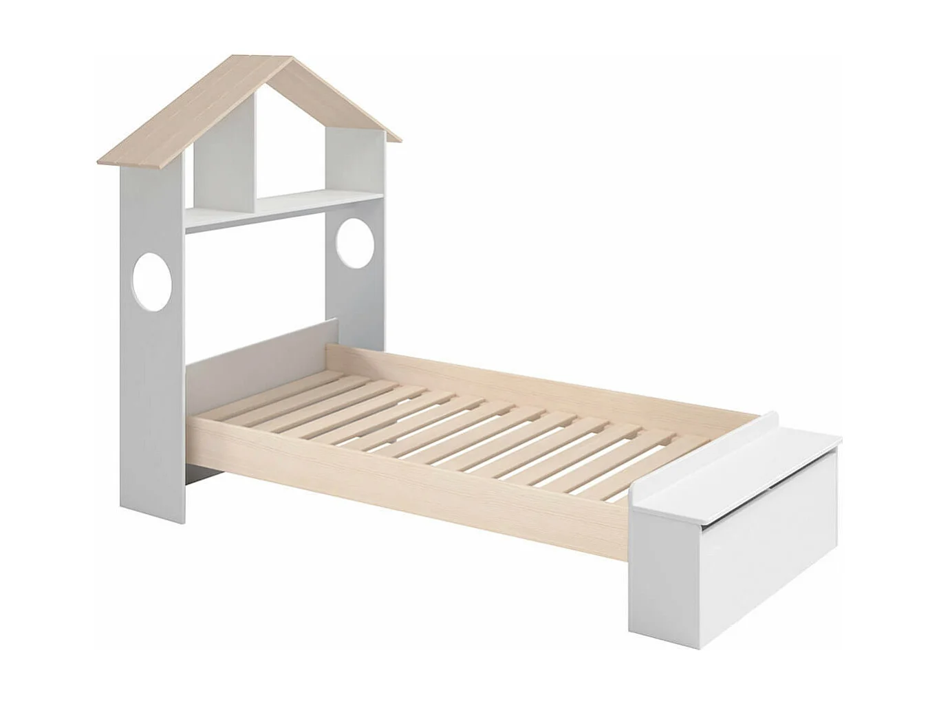 SKILA - Lit 90x190cm Tête de Lit Cabane et Banc-Coffre Blanc et Naturel