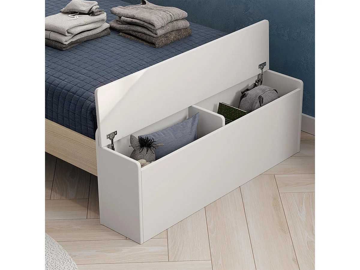 SKILA - Lit 90x190cm Tête de Lit Cabane et Banc-Coffre Blanc et Naturel