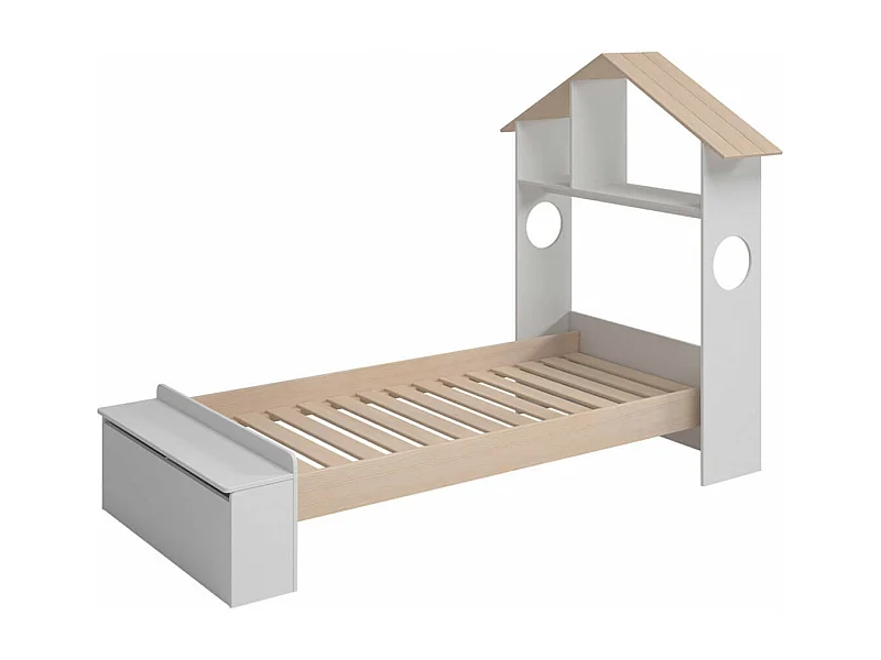 SKILA - Lit 90x190cm Tête de Lit Cabane et Banc-Coffre Blanc et Naturel