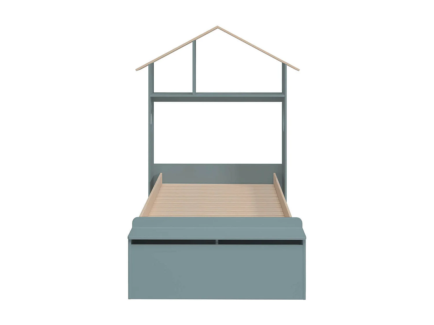 SKILA - Lit 90x190cm Tête de Lit Cabane et Banc-Coffre Gris Vert et Naturel