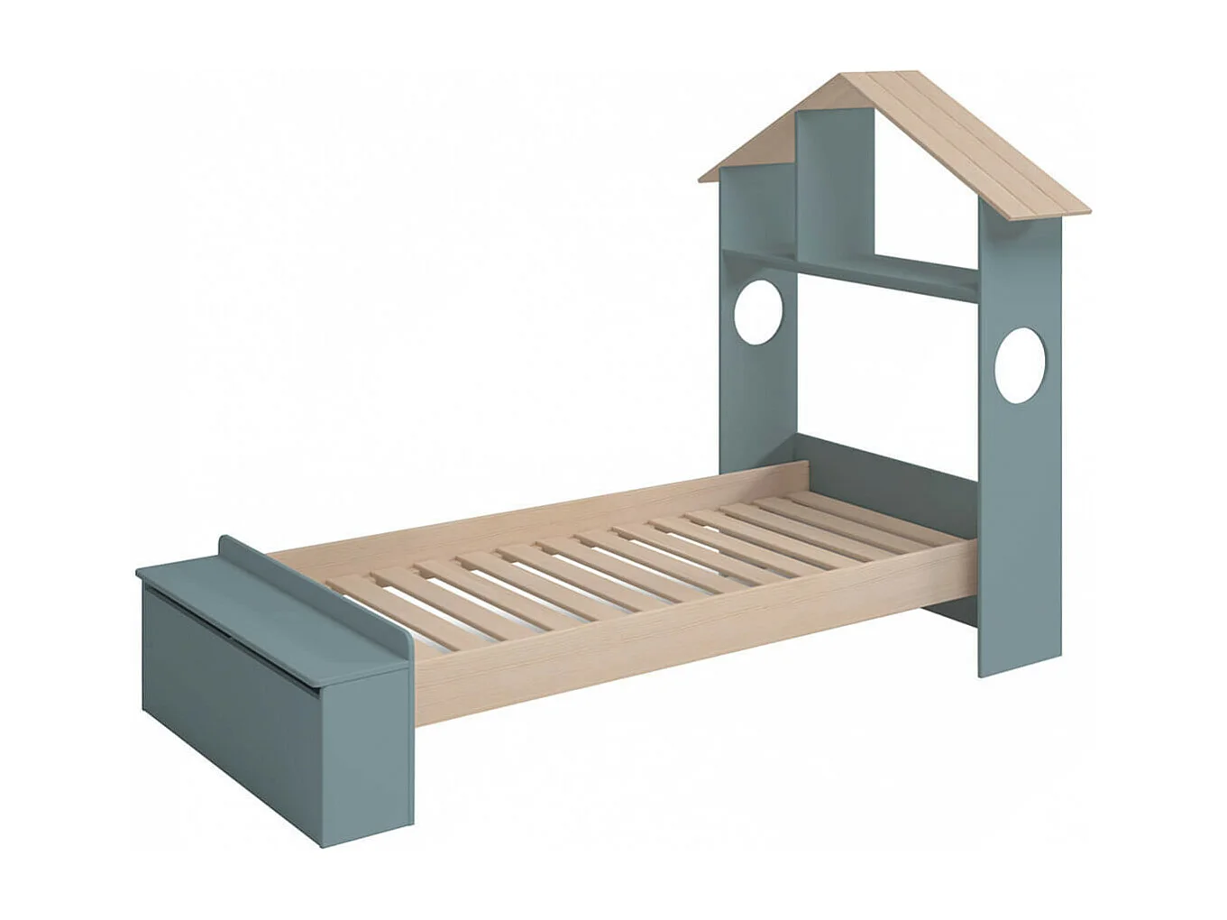 SKILA - Lit 90x190cm Tête de Lit Cabane et Banc-Coffre Gris Vert et Naturel