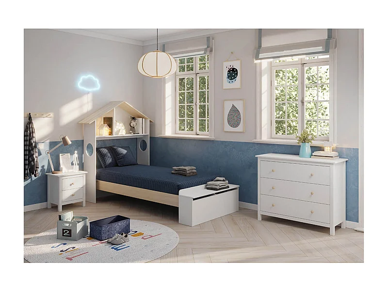 SKILA - Pack Lit 90x190cm Tête de Lit Cabane et Banc-Coffre + Chevet + Commode Dava
