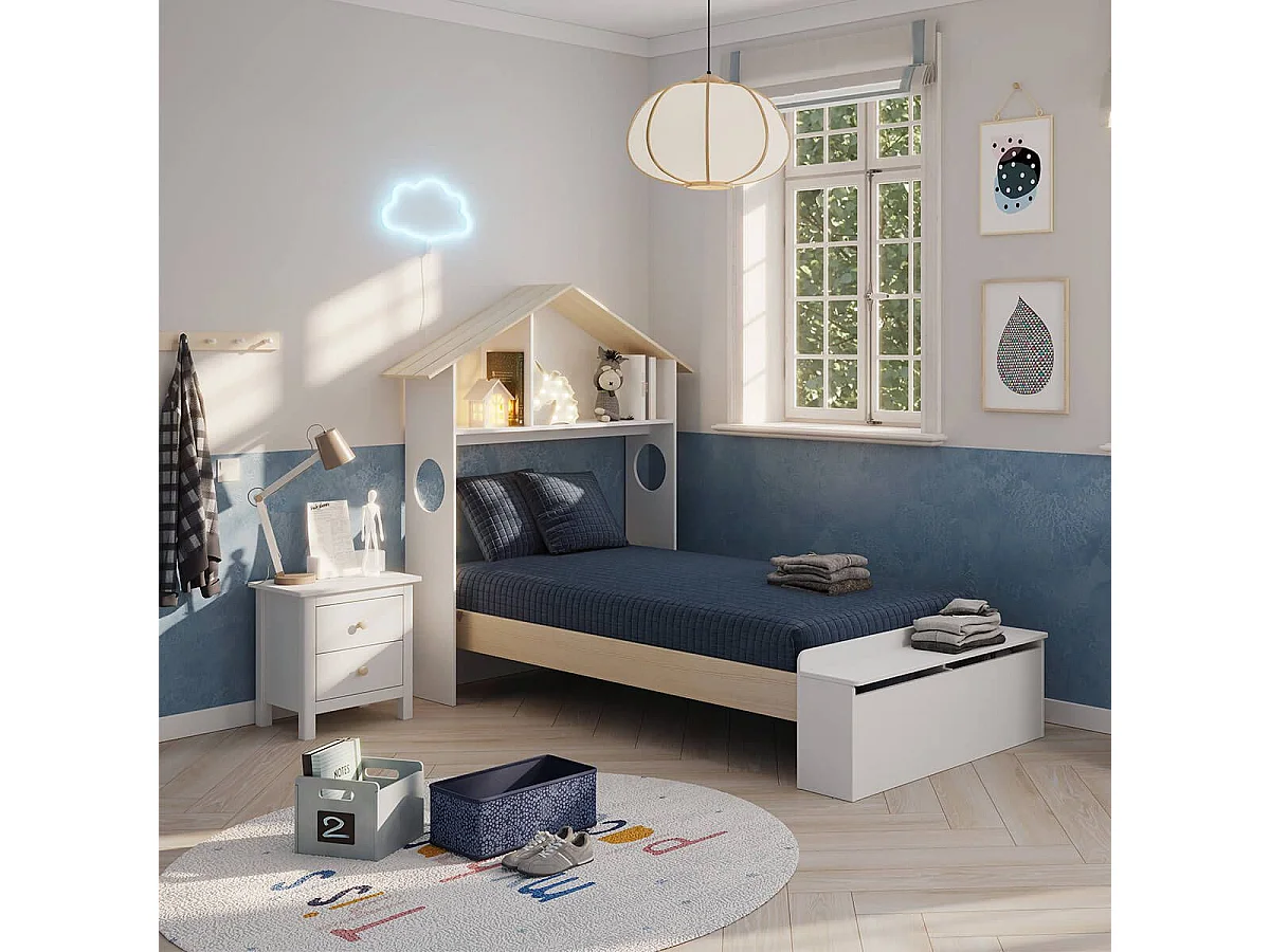 SKILA - Pack Lit 90x190cm Tête de Lit Cabane et Banc-Coffre + Chevet + Commode Dava