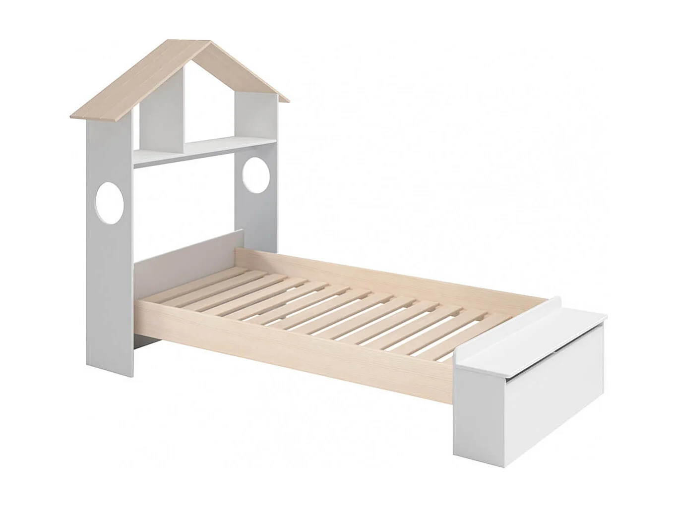 SKILA - Pack Lit 90x190cm Tête de Lit Cabane et Banc-Coffre + Chevet + Commode Dava