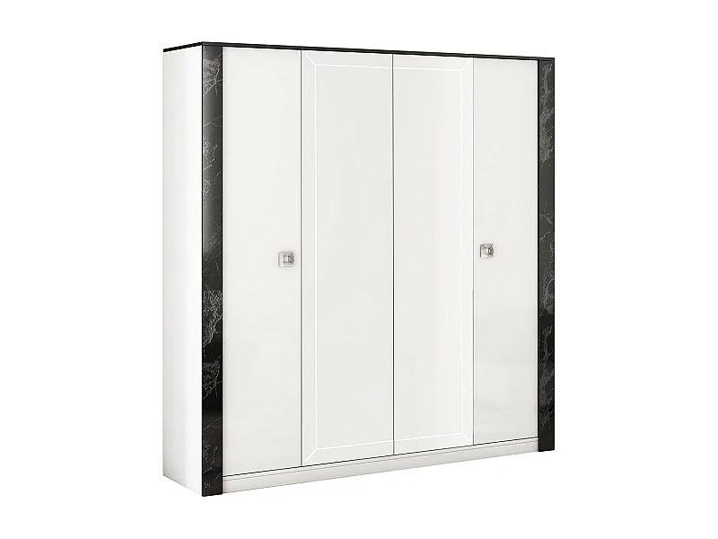 GAÏA - Armoire Laquée Blanche 4 Portes avec Miroir et Décor Latéral Aspect Marbre Noir