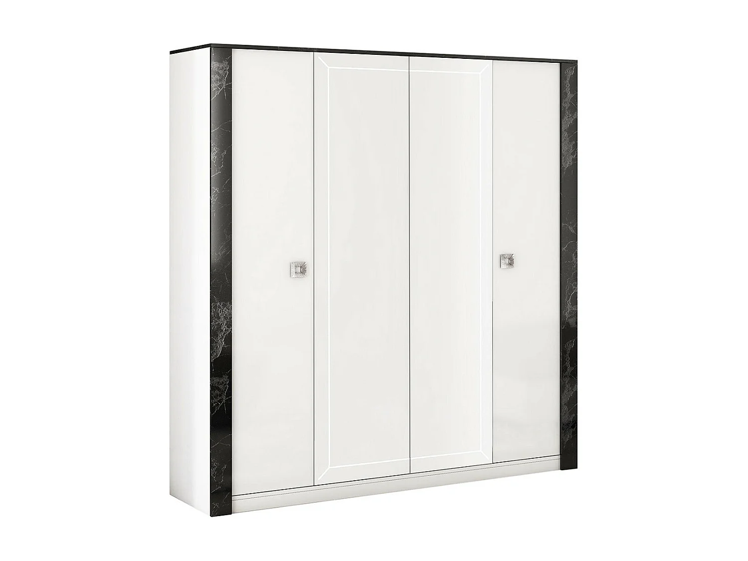 GAÏA - Armoire Laquée Blanche 4 Portes avec Miroir et Décor Latéral Aspect Marbre Noir