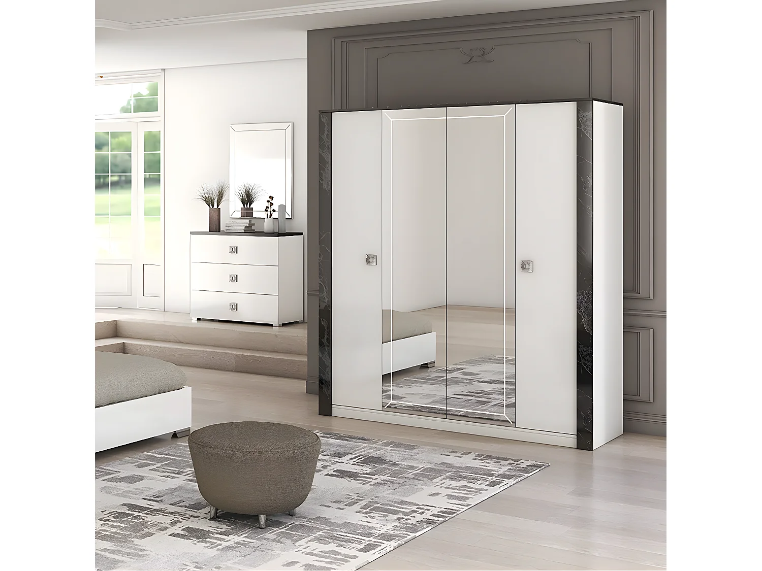 GAÏA - Armoire Laquée Blanche 4 Portes avec Miroir et Décor Latéral Aspect Marbre Noir