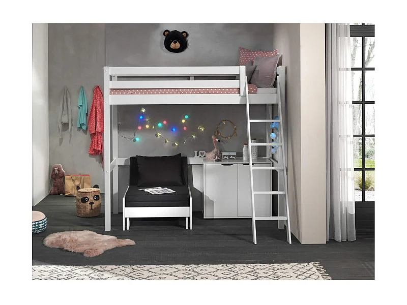 SLEEPY - Lit Mezzanine Blanc 90x200cm avec Fauteuil et Rangement