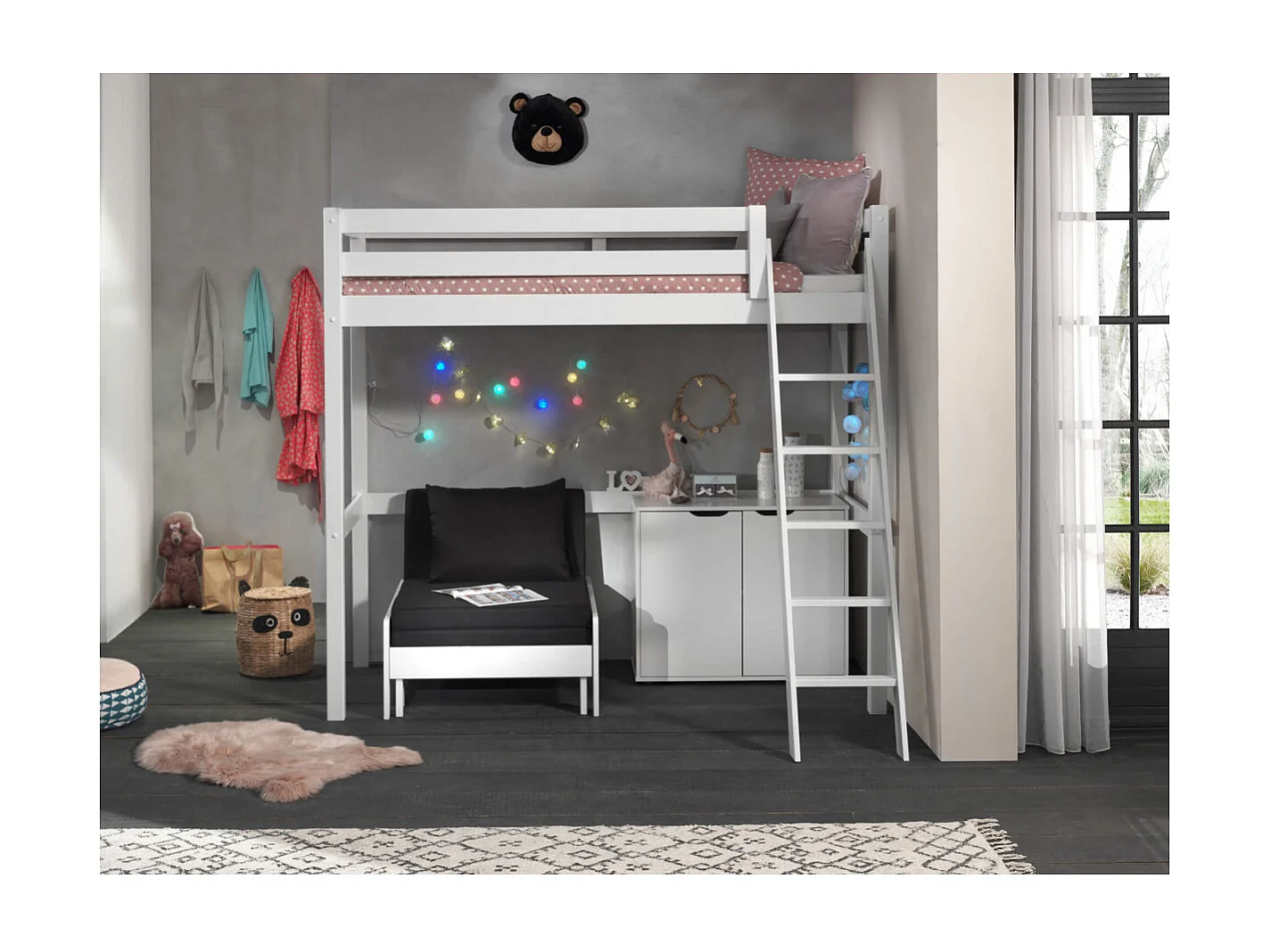 SLEEPY - Lit Mezzanine Blanc 90x200cm avec Fauteuil et Rangement