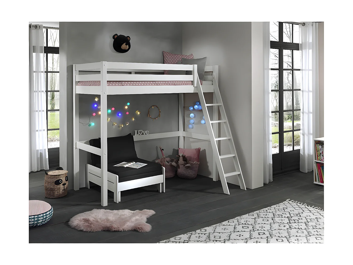 SLEEPY - Lit Mezzanine Blanc 90x200cm avec Fauteuil