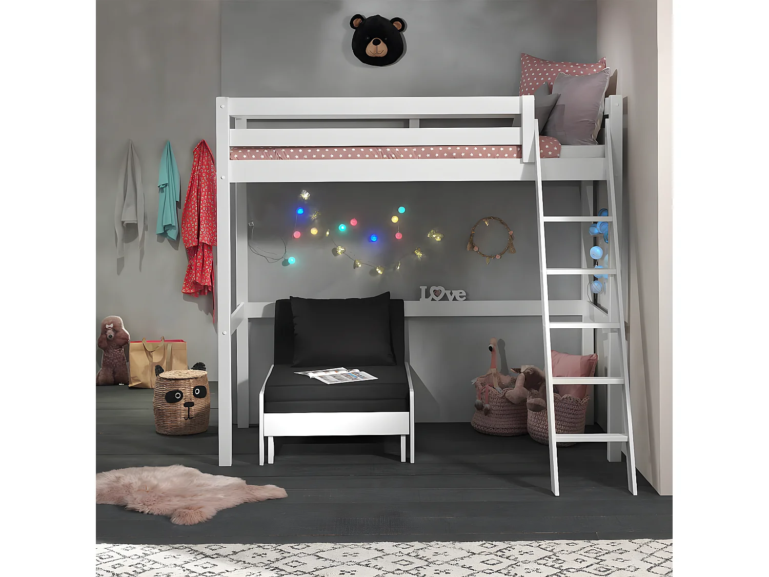 SLEEPY - Lit Mezzanine Blanc 90x200cm avec Fauteuil