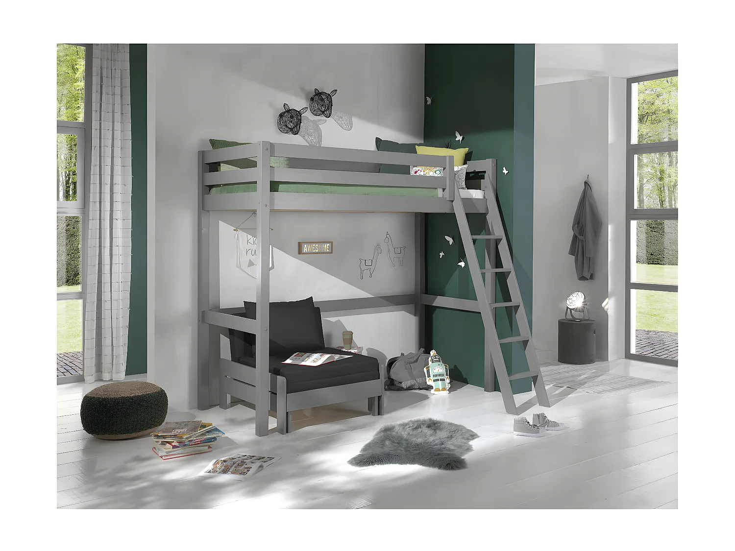 SLEEPY - Lit Mezzanine Gris 90x200cm avec Fauteuil