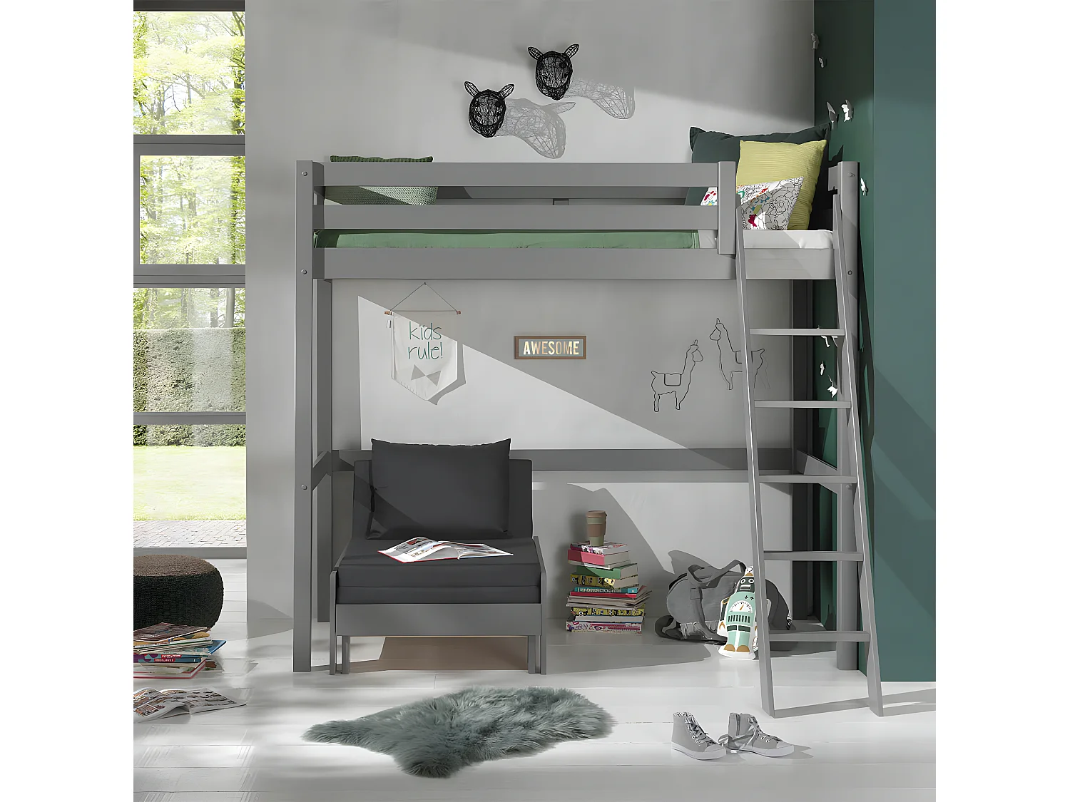 SLEEPY - Lit Mezzanine Gris 90x200cm avec Fauteuil