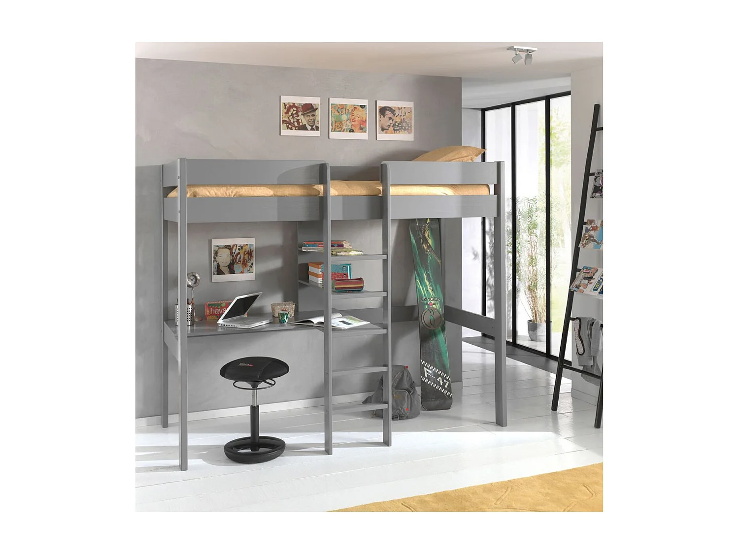 SLEEPY - Lit Mezzanine Gris 90x200cm Échelle Centrale avec Bureau