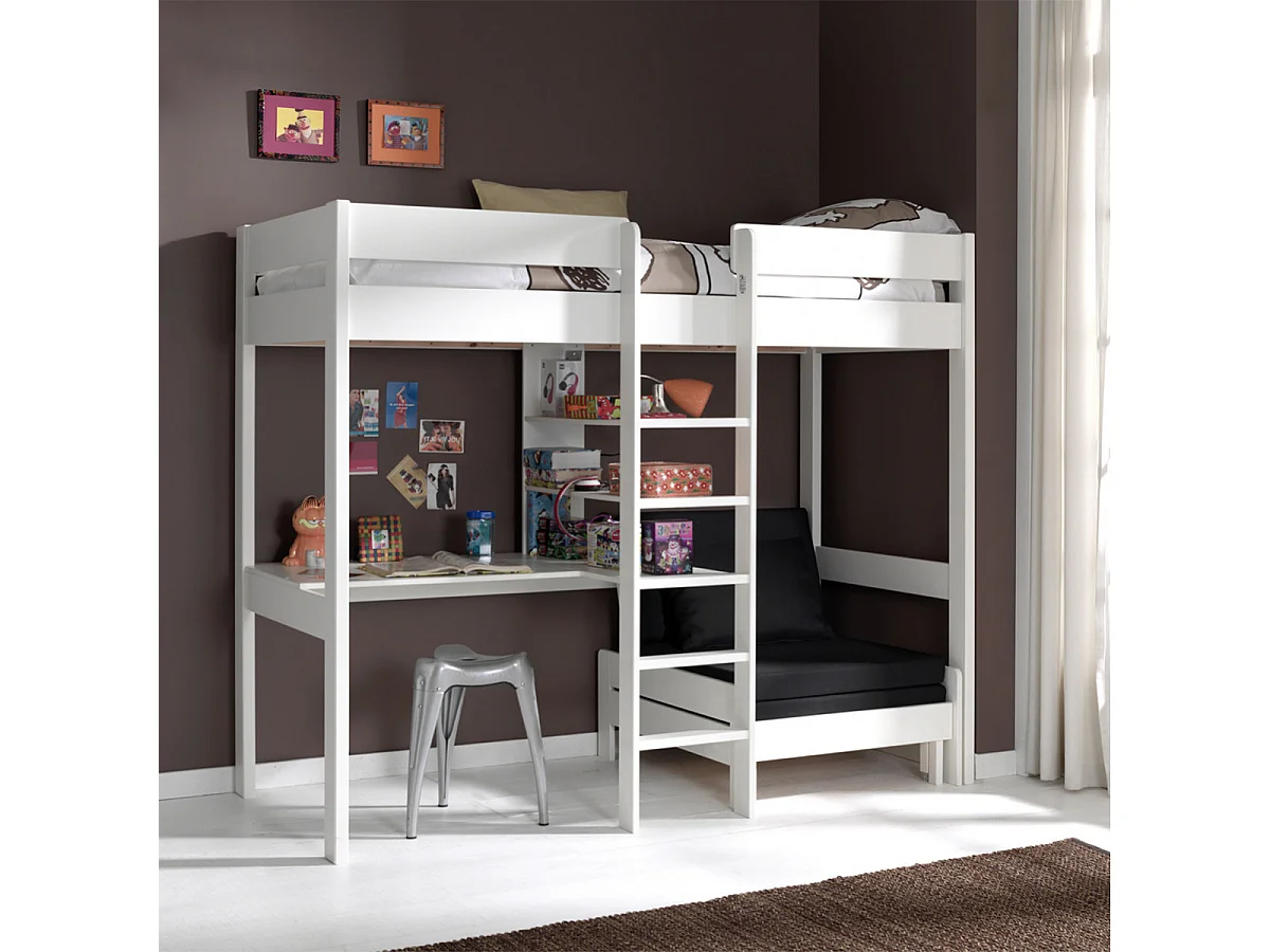 SLEEPY - Lit Mezzanine Blanc 90x200cm Échelle Centrale Bureau et Fauteuil