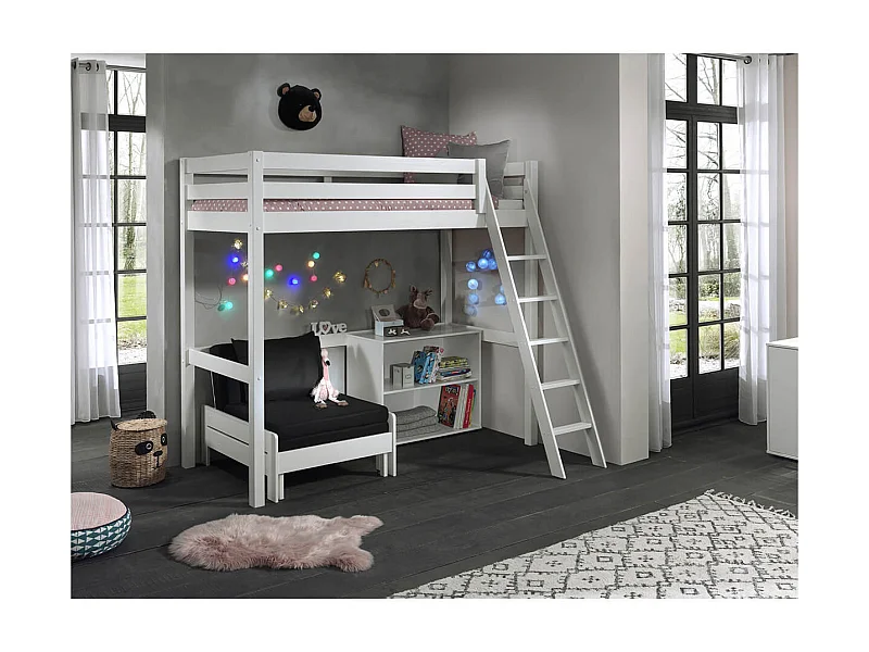 SLEEPY - Lit Mezzanine Blanc 90x200cm avec Fauteuil et Étagère