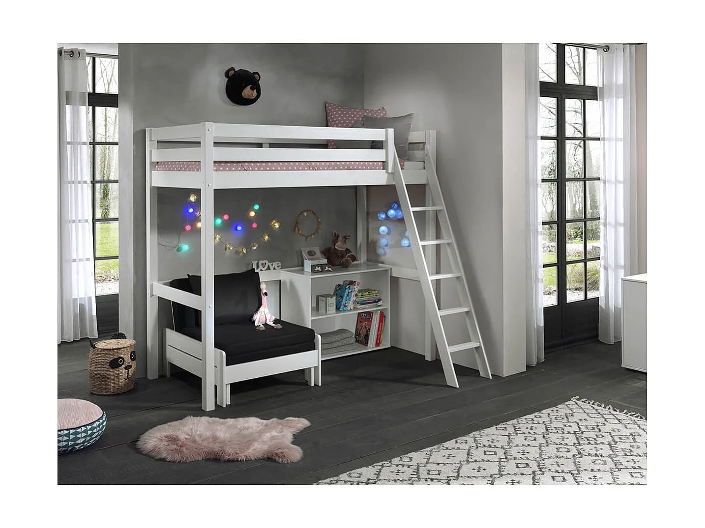 SLEEPY - Lit Mezzanine Blanc 90x200cm avec Fauteuil et Étagère