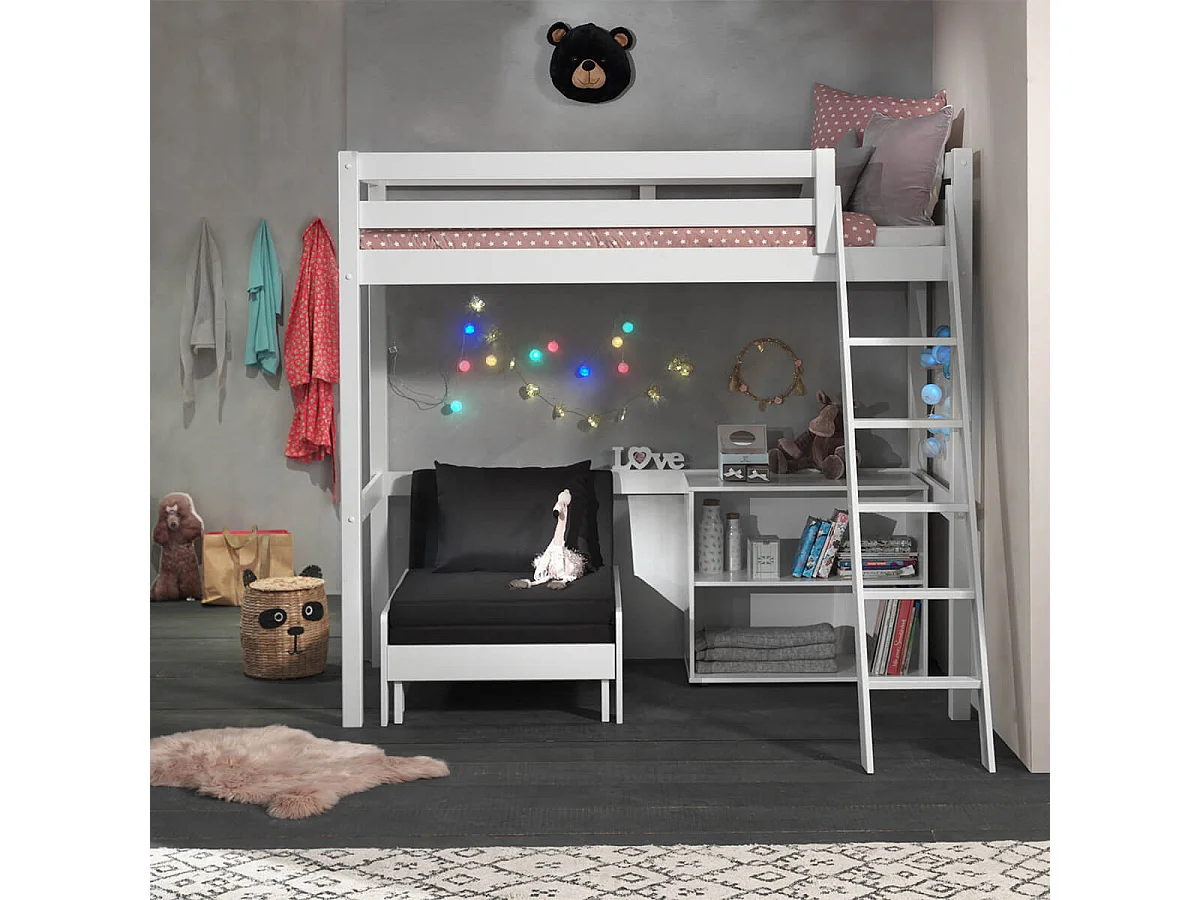 SLEEPY - Lit Mezzanine Blanc 90x200cm avec Fauteuil et Étagère