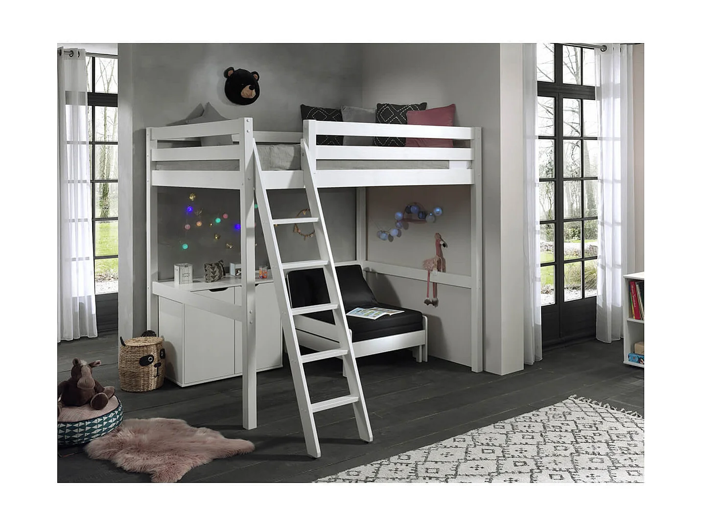 SLEEPY - Lit Mezzanine Blanc 140x200cm avec Fauteuil et Rangement