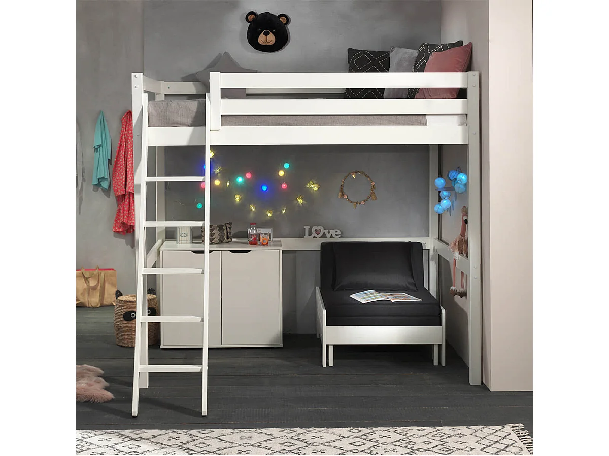SLEEPY - Lit Mezzanine Blanc 140x200cm avec Fauteuil et Rangement