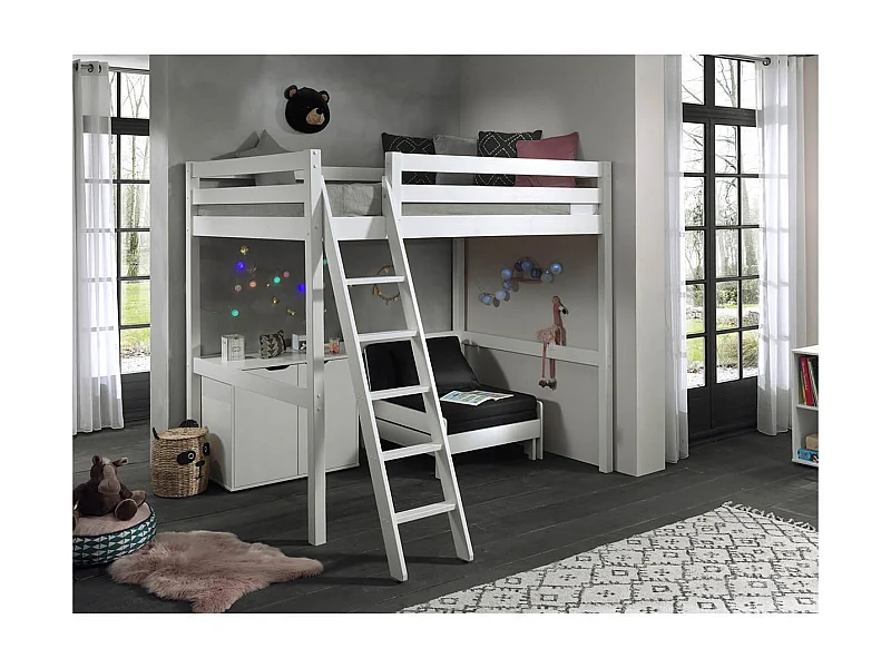 SLEEPY - Lit Mezzanine Blanc 140x200cm avec Fauteuil et Rangement