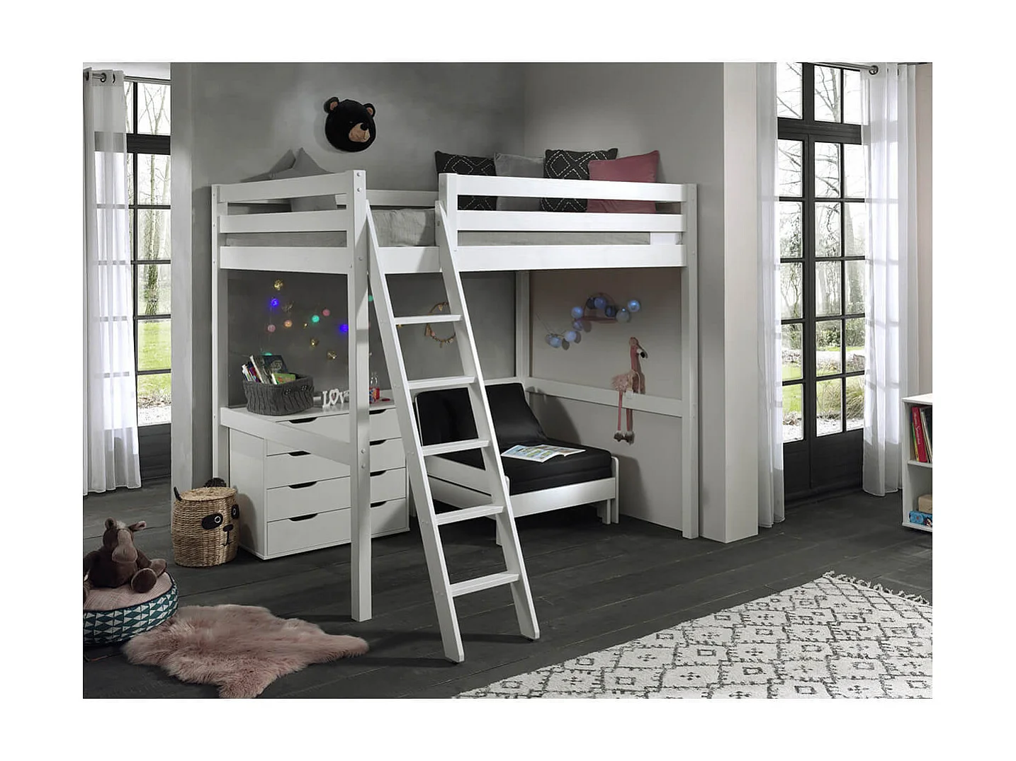 SLEEPY - Lit Mezzanine Blanc 140x200cm avec Fauteuil et Commode