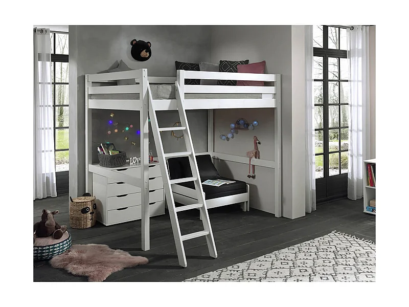 SLEEPY - Lit Mezzanine Blanc 140x200cm avec Fauteuil et Commode