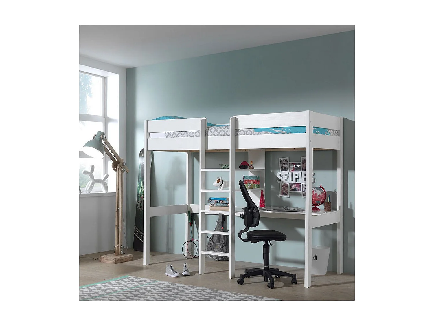 SLEEPY - Lit Mezzanine Blanc 90x200cm Échelle Centrale avec Bureau