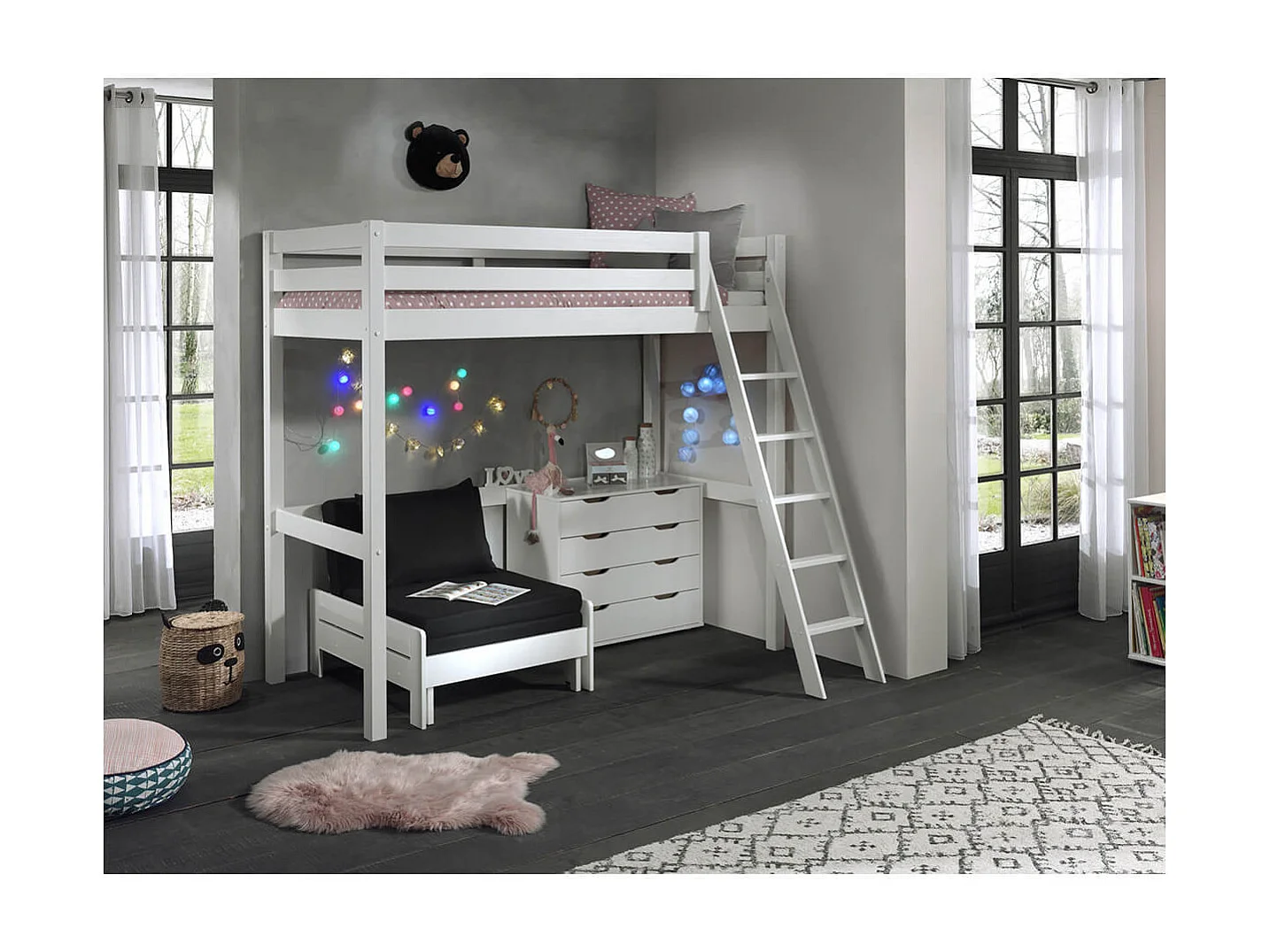 SLEEPY - Lit Mezzanine Blanc 90x200cm avec Fauteuil et Commode