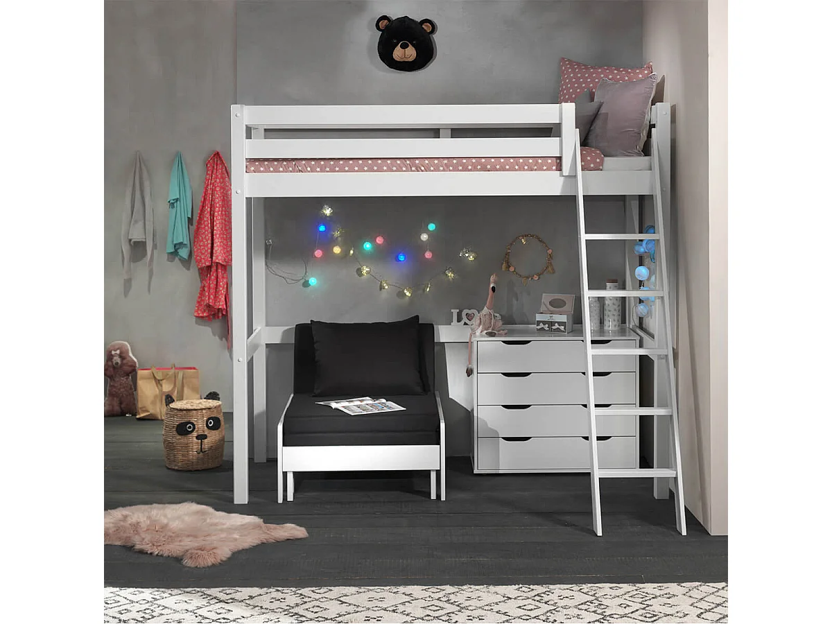 SLEEPY - Lit Mezzanine Blanc 90x200cm avec Fauteuil et Commode