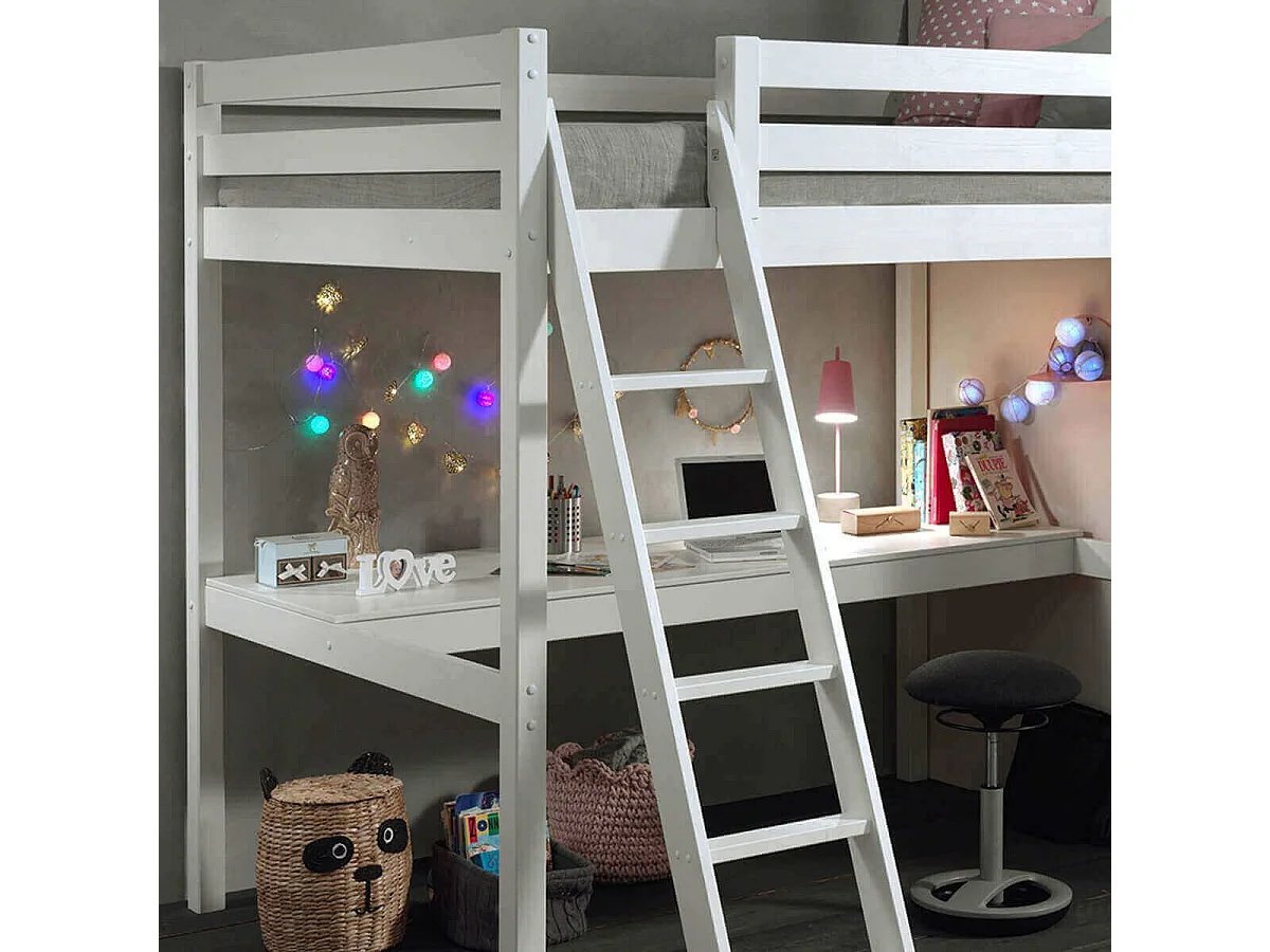 SLEEPY - Lit Mezzanine Blanc 140x200cm avec Bureau 205 cm